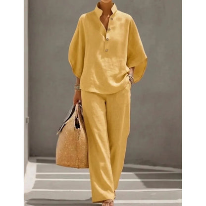 Fashion Cotton Linen Button Stand Collar 9 Quarter Sleeves Loose