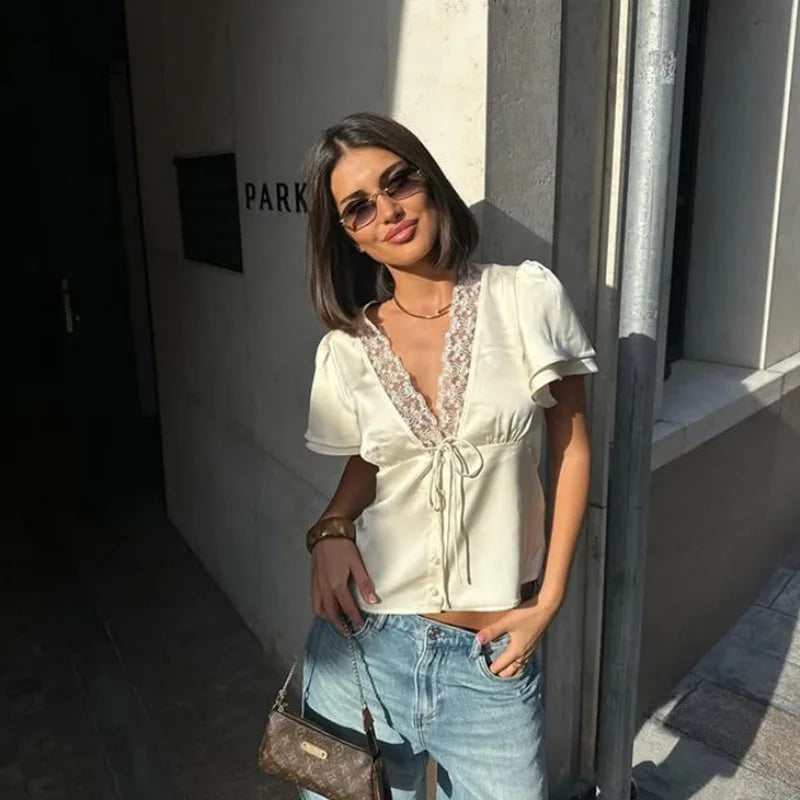 Women Solid Lace Tops V-Neck Short Sleeves Satin Slim Regular