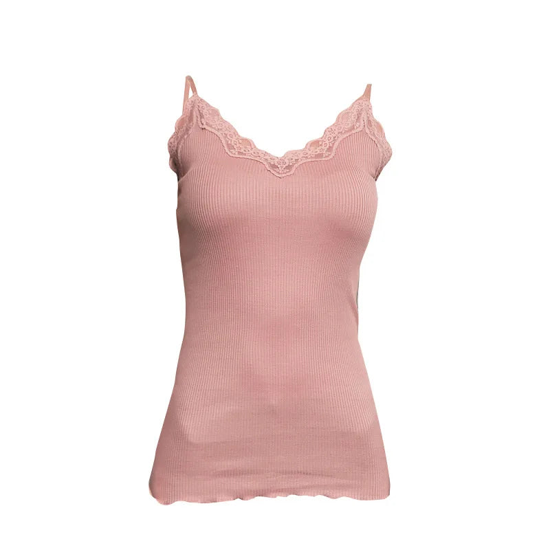 Birdtree 70% Silk 30% Cotton Lace Camisole Women French Knit Top