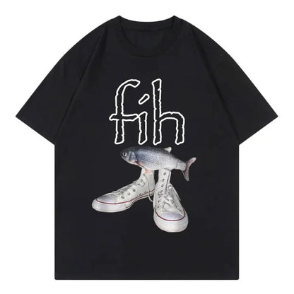 New Style Fih Shoes Graphic T Shirts Funny Misspelled Fish Meme