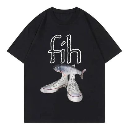 New Style Fih Shoes Graphic T Shirts Funny Misspelled Fish Meme