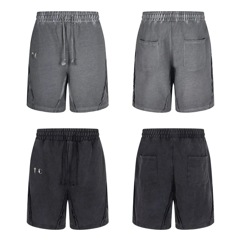Thug Club 2026 New Summer Streetwear Hip-Hop Style Patchwork Washed Distressed Star Moon Silver-Tone Loose-Fit Shorts