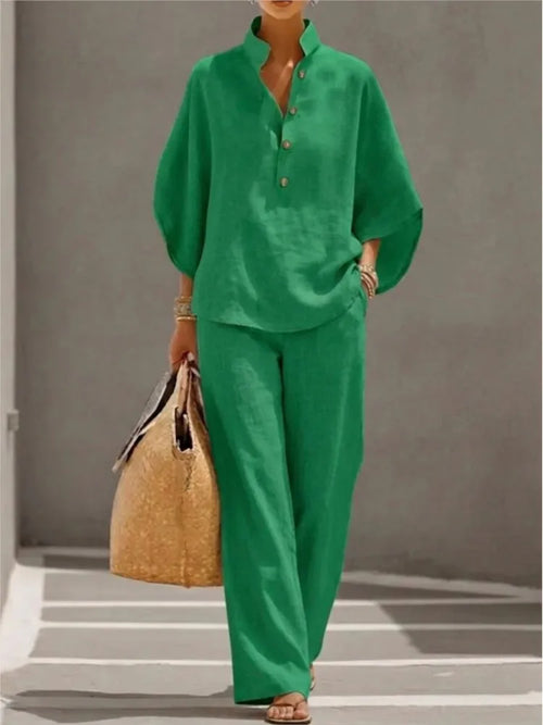 Fashion Cotton Linen Button Stand Collar 9 Quarter Sleeves Loose