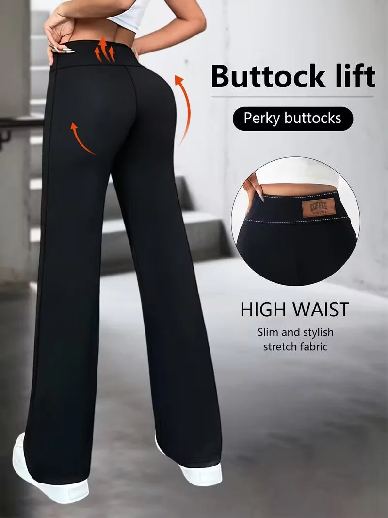 Womens High Waisted Straight Leg Pants Stretchy Black Solid Commuting