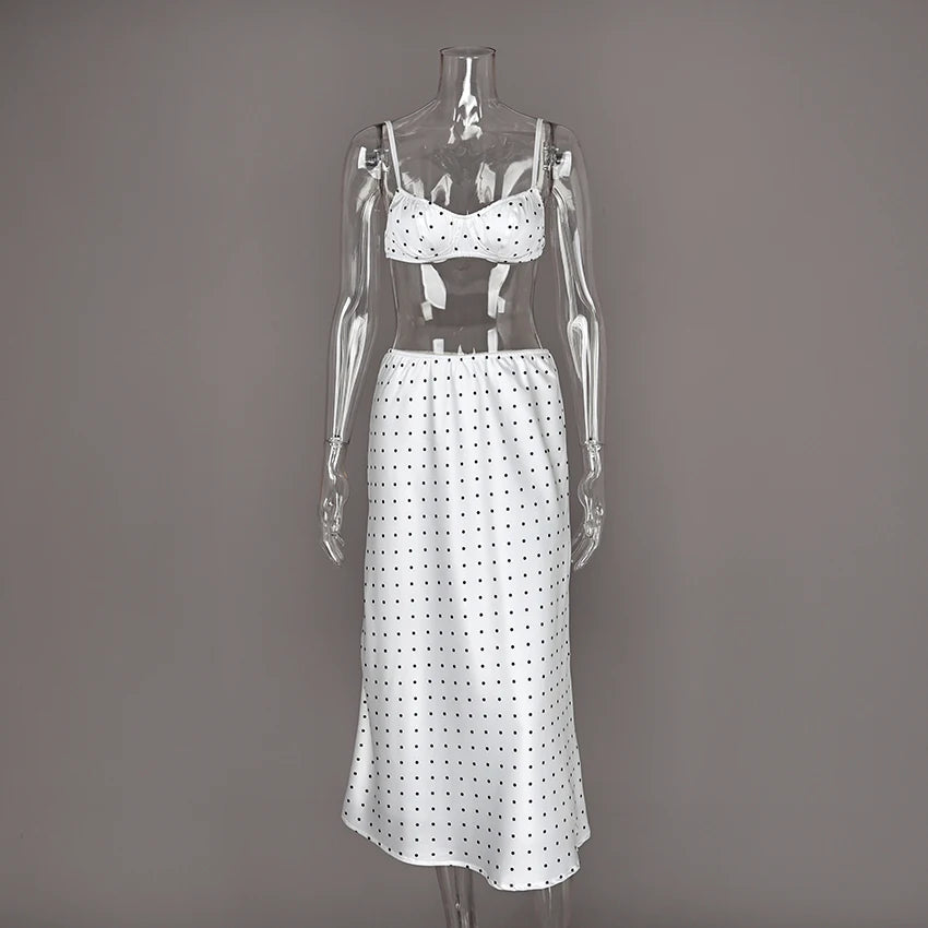 Linad Sexy Polka Dot Crop Top Camisole Long Skirts Suits Casual