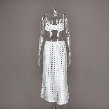 Linad Sexy Polka Dot Crop Top Camisole Long Skirts Suits Casual