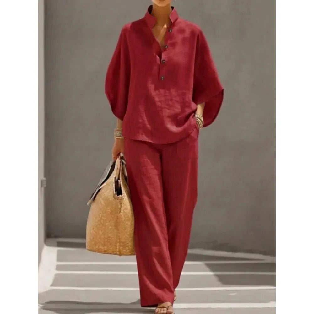 Fashion Cotton Linen Button Stand Collar 9 Quarter Sleeves Loose