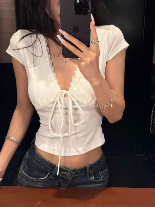 Women Solid Lace Tops V-Neck Short Sleeves Satin Slim Regular