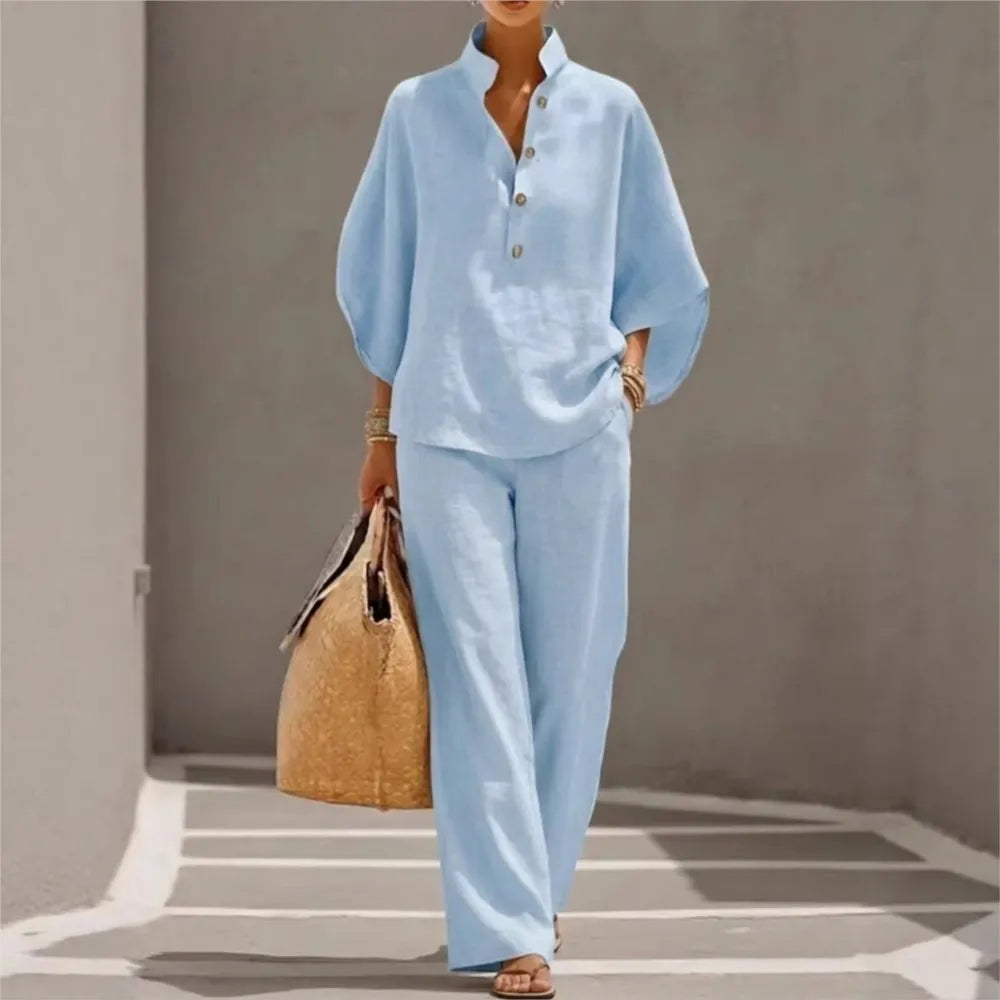 Fashion Cotton Linen Button Stand Collar 9 Quarter Sleeves Loose