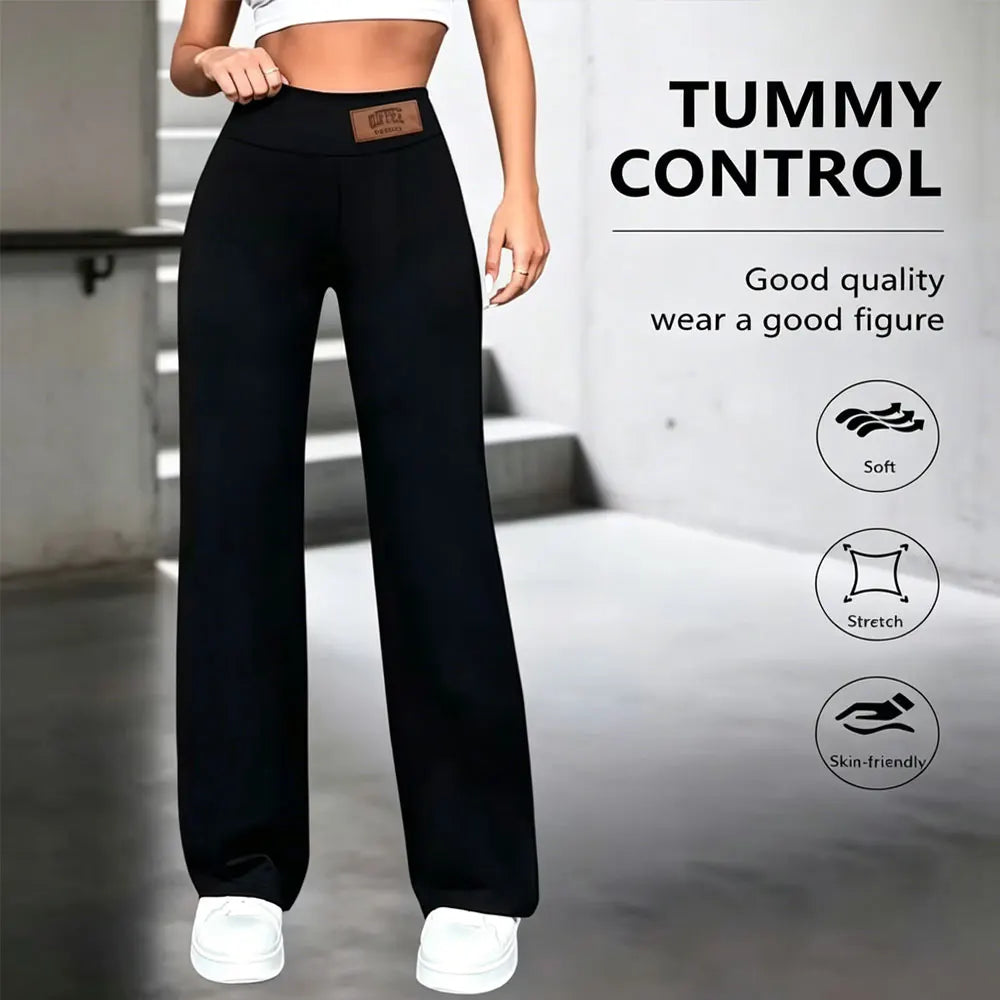 Womens High Waisted Straight Leg Pants Stretchy Black Solid Commuting