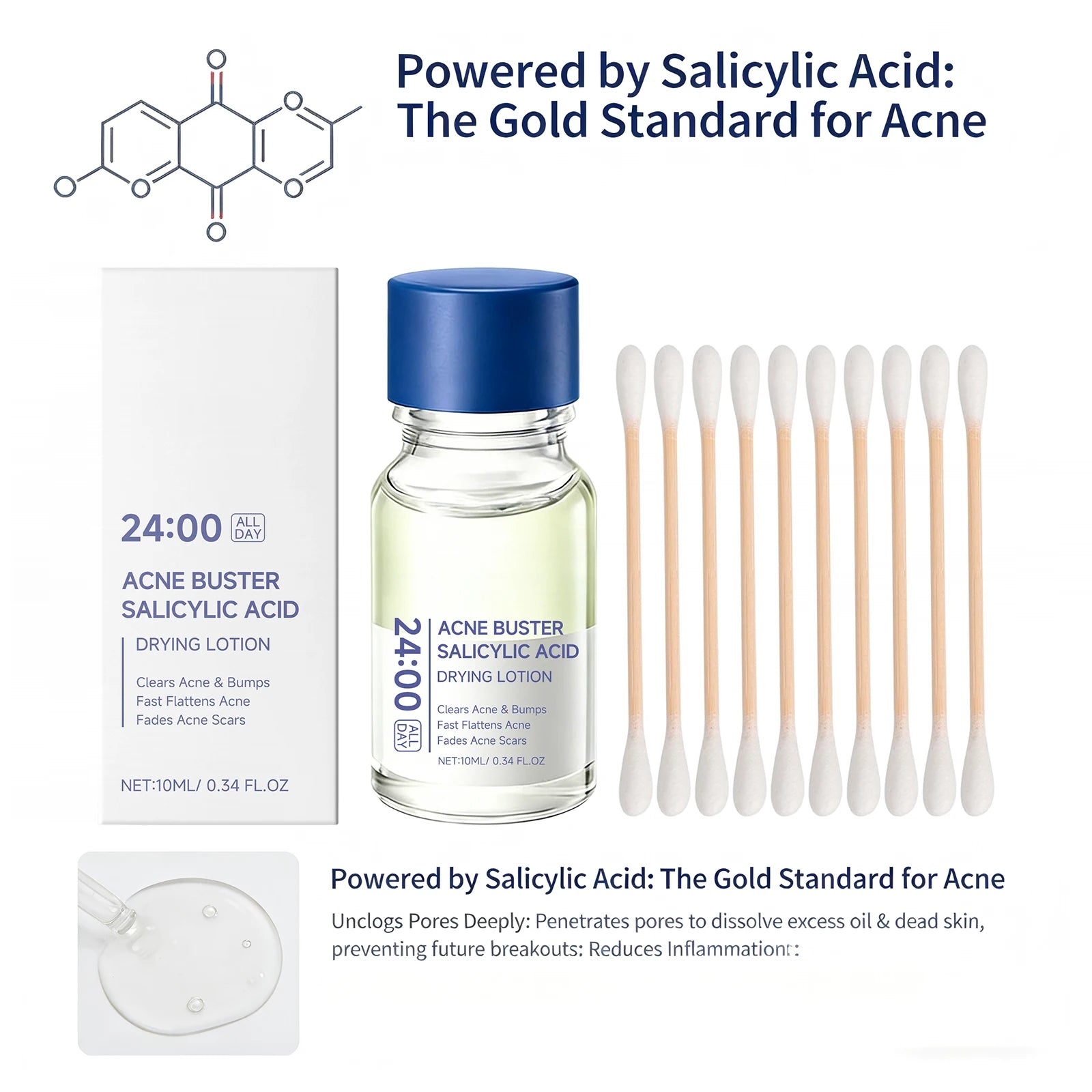 Salicylic Acid Drying Lotion Face Serum with Cotton Swab– Reduce Pimples & Breakouts Fade Acne Scars Minimize Pores Skin Renewal