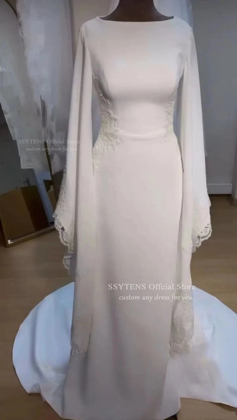 SSYTENS Modest Wedding Dresses Long Sleeves Boho Bride Dress O-Neck Appliques Muslim Bridal Gowns Customized Vestidos De Novia