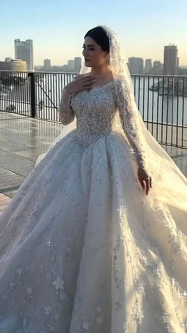 Luxury Off Shoulder Long Sleeve Wedding Dress Sparkly Beaded Lace Appliques Ball Gown Bridal Gown Vestido De Novia Customized