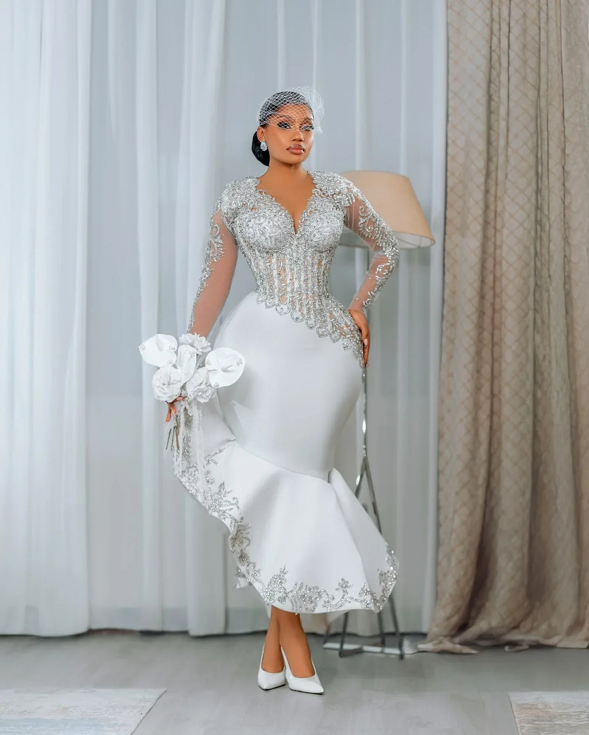 Customized African Long Sleeve Bride Dress Lace Beaded Mermaid Wedding Dress Black Women&