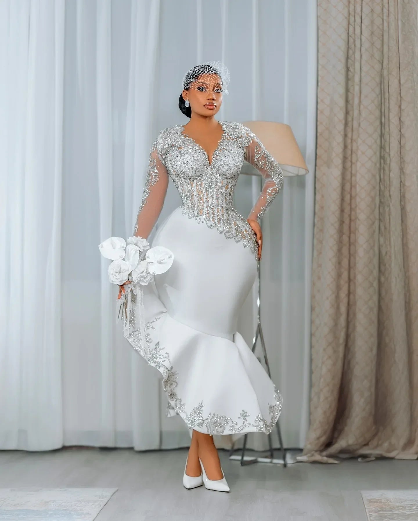 Customized African Long Sleeve Bride Dress Lace Beaded Mermaid Wedding Dress Black Women's Birthday Party Dress Size Up
