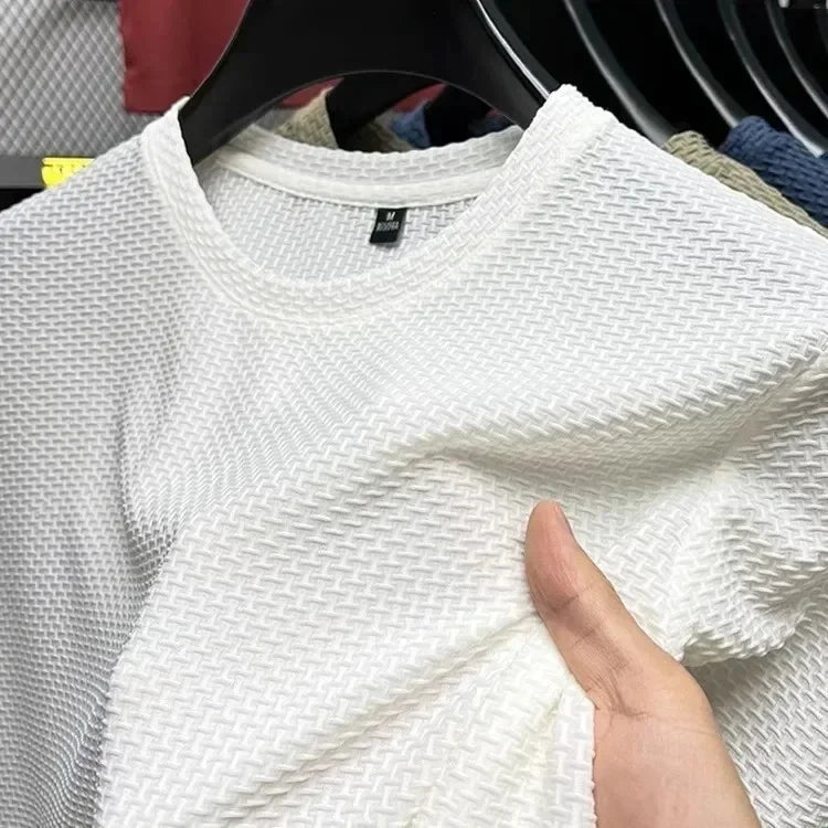 Men's Short Sleeve Mesh Bamboo Ice Silk T-shirt Casual Versatile Summer Elastic Slimming Top for Men