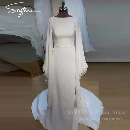 SSYTENS Modest Wedding Dresses Long Sleeves Boho Bride Dress O-Neck Appliques Muslim Bridal Gowns Customized Vestidos De Novia