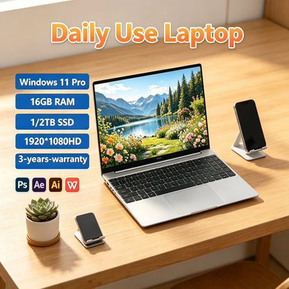 14.1" Ultra Slim Laptop Intel N95 120Hz High Refresh Screen 32GB 2TB SSD Fingerprint Unlock Computer