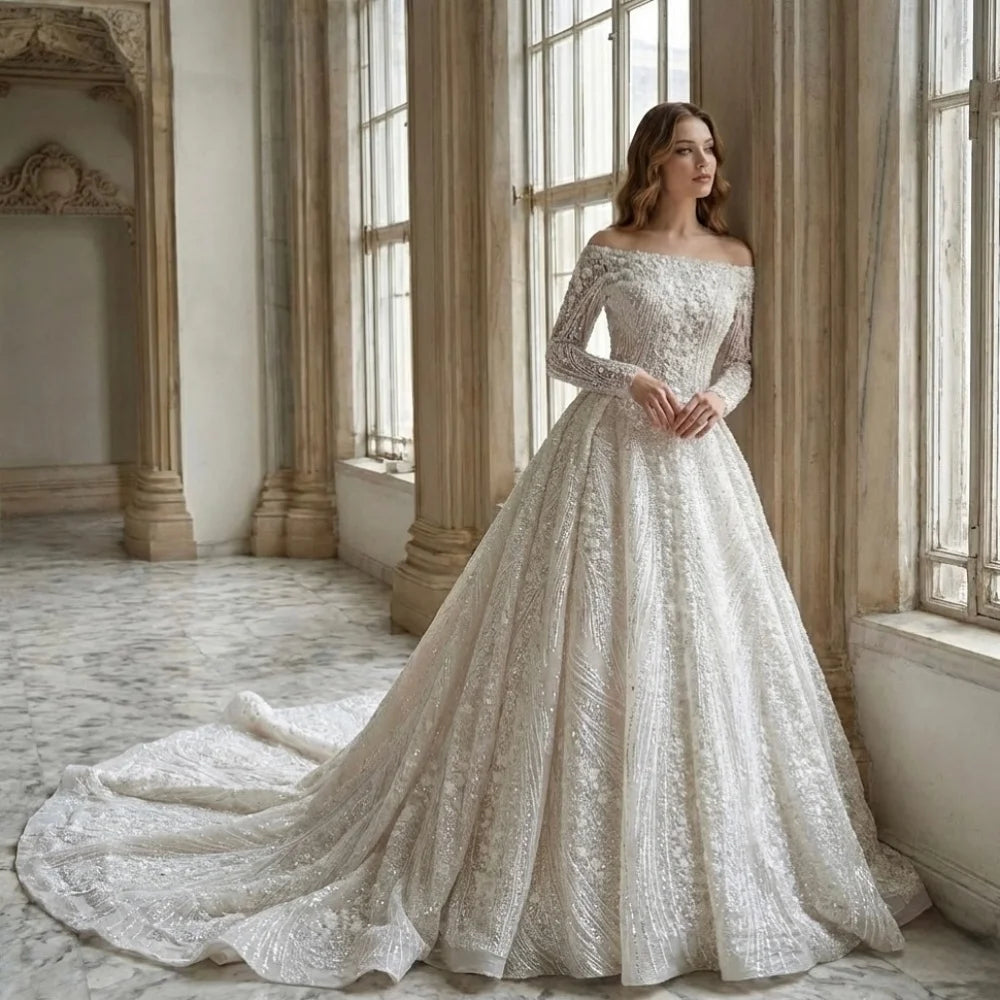 Custom Luxury Square Neck Long Sleeve Beaded Ball Gown Wedding Dress 2026 Cathedral Train Bridal Gown Plus Size Vestido De Novia