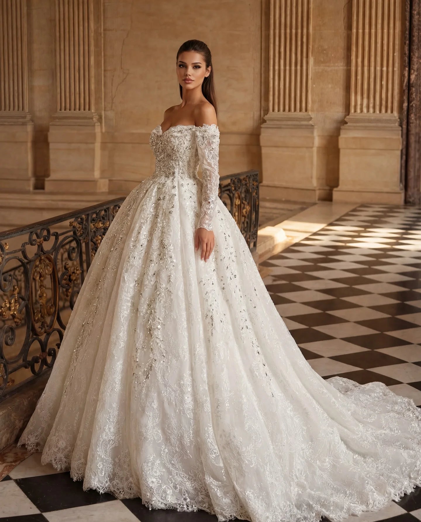 Luxury Crystal Beaded Prom Dresses Off Shoulder Long Sleeve A-line Wedding Dress Cathedral Tailored Retro Bride Dress Custom