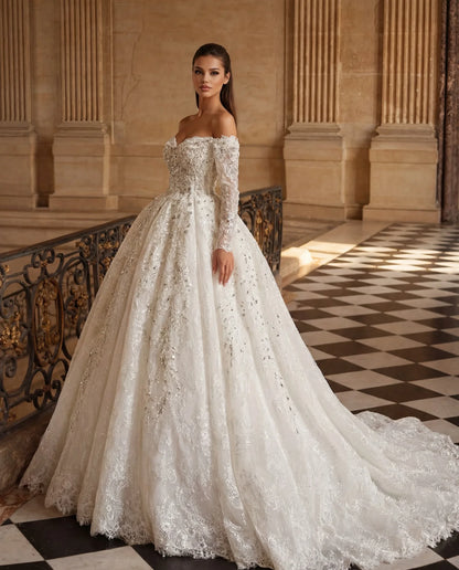 Luxus Kristallperlen Ballkleider schulterfrei Langarm A-Linie Hochzeitskleid Dom angepasst Retro Brautkleid Maßanfertigung