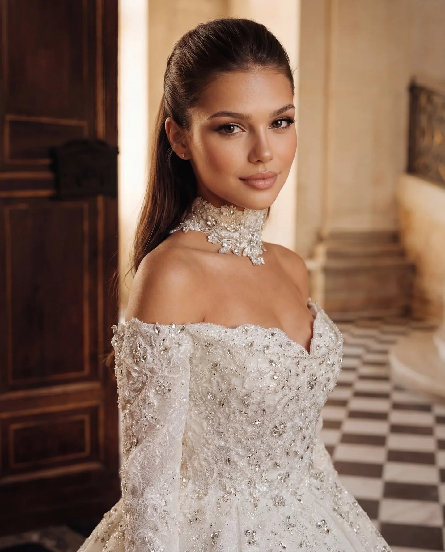 Luxury Crystal Beaded Prom Dresses Off Shoulder Long Sleeve A-line Wedding Dress Cathedral Tailored Retro Bride Dress Custom
