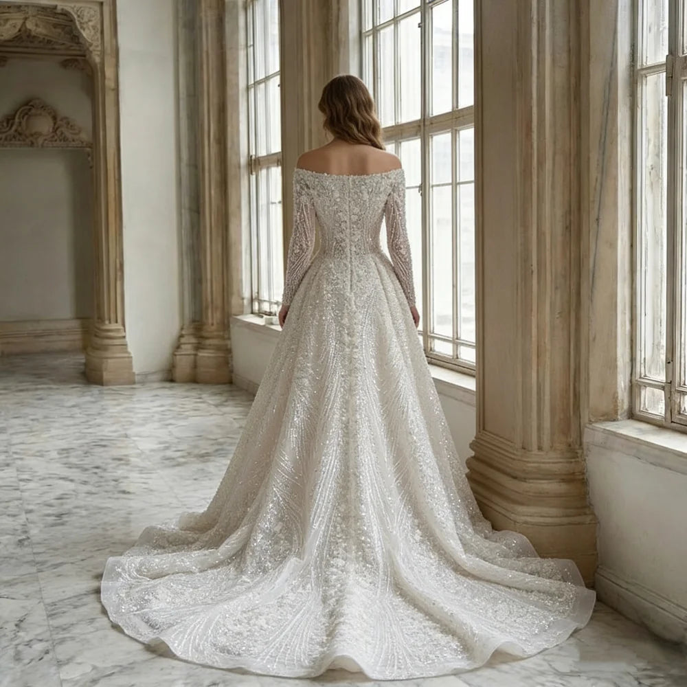 Custom Luxury Square Neck Long Sleeve Beaded Ball Gown Wedding Dress 2026 Cathedral Train Bridal Gown Plus Size Vestido De Novia