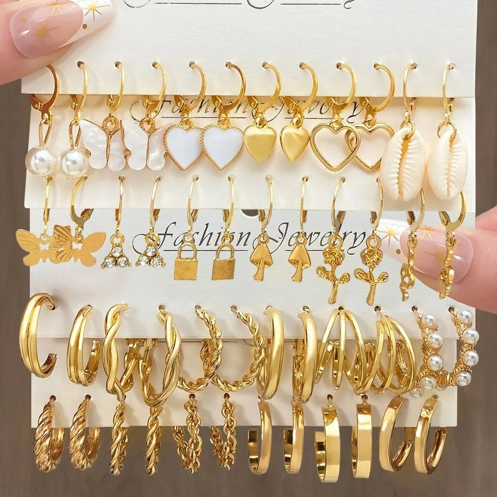 European and American metal earrings 24-piece set, fashionable and simple versatile alloy love pearl snake butterfly mushroom lo