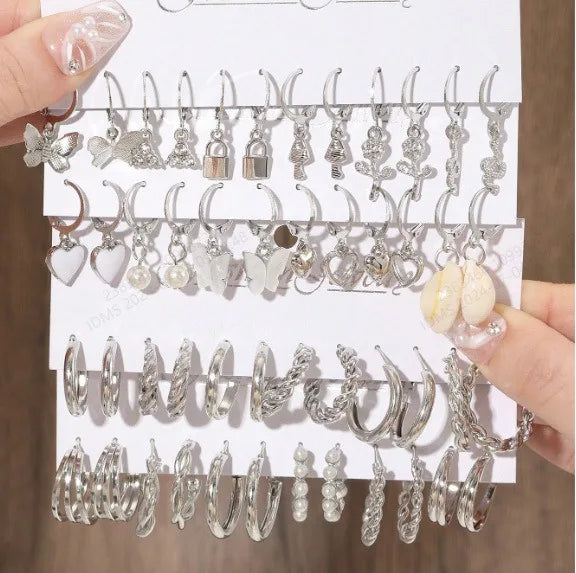 European and American metal earrings 24-piece set, fashionable and simple versatile alloy love pearl snake butterfly mushroom lo