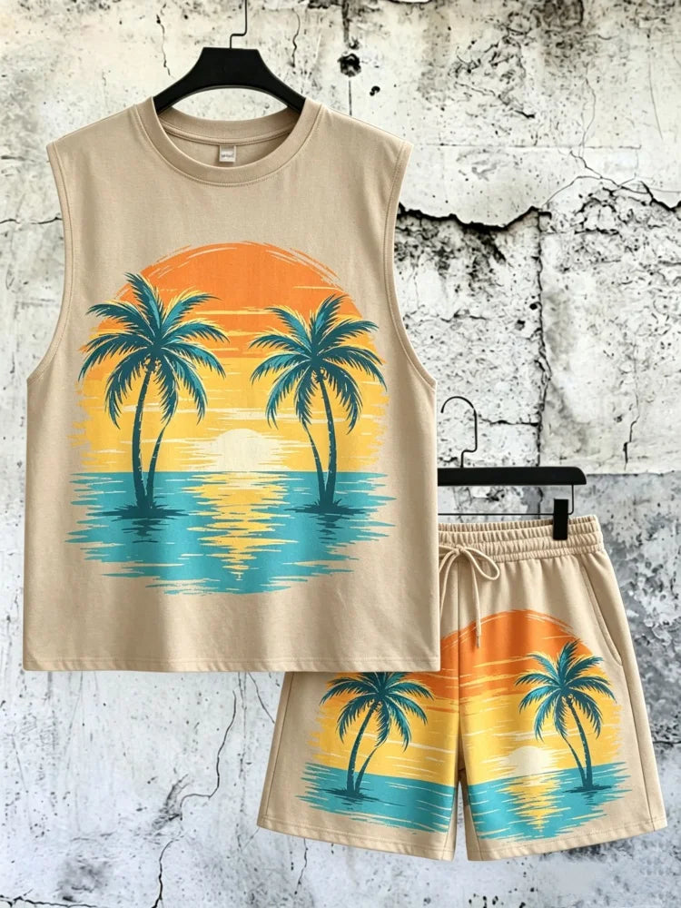 Men's 2-Piece Loose Fit Sleeveless Tank & Shorts, Palm Tree Sunset Print Comfort Summer Outfit
