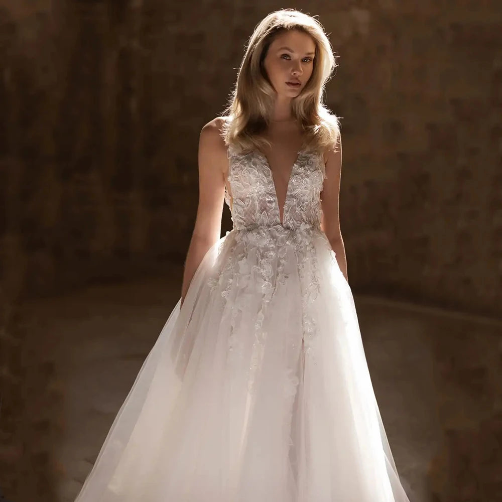 Exquisite V Neck Applique Wedding Dresses For Woman Sleeveless Side Silt Bridal Gowns Soft Tulles 2025 New vestidos de noviaEla