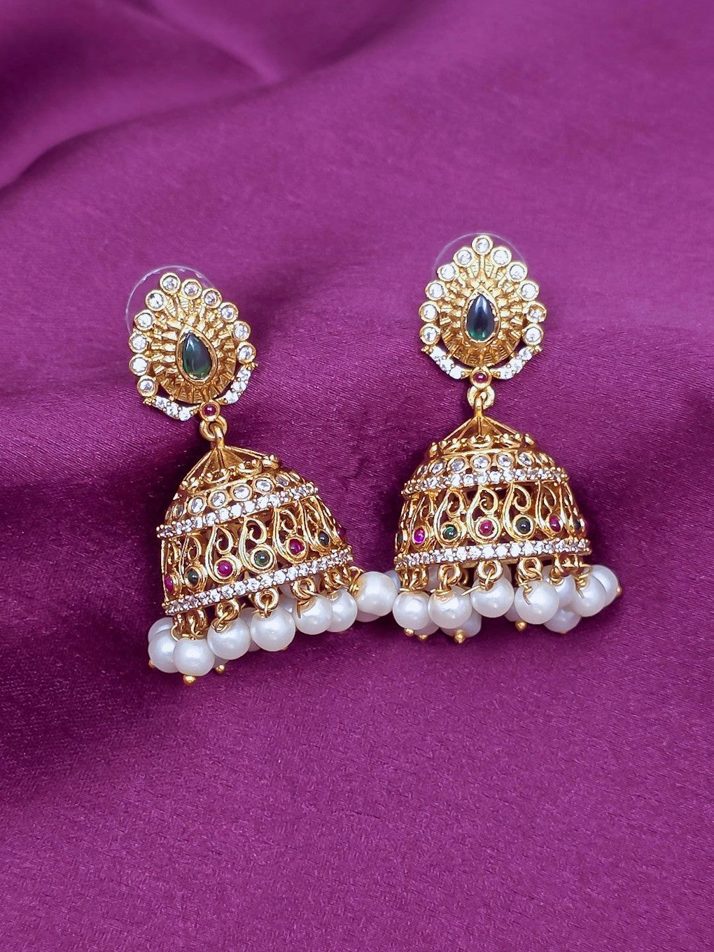Gold-Plated Antique Jhumka Earrings with Pearls