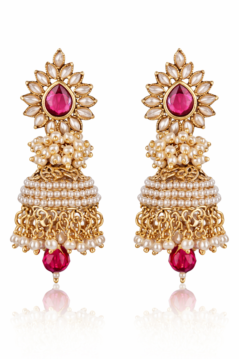 Pink Ruby &amp; Pearl Floral Jhumka Earrings