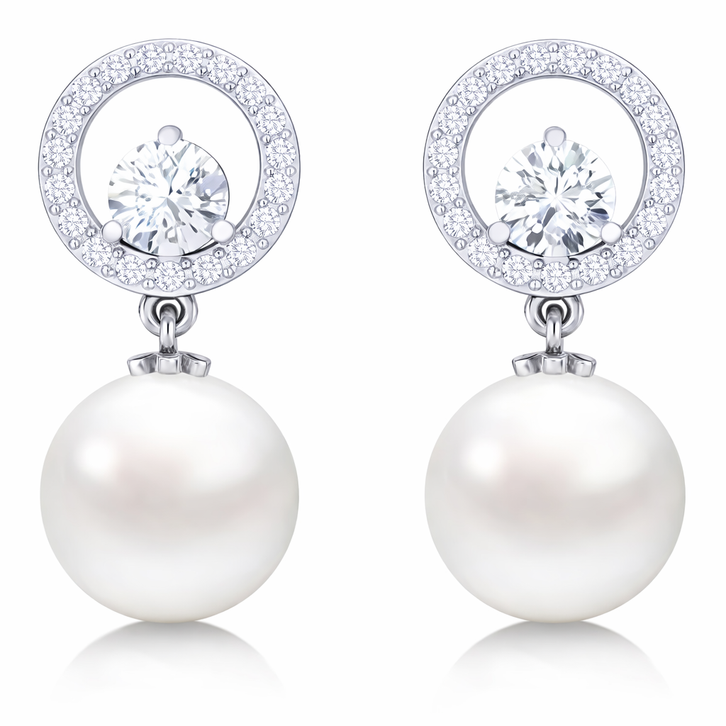Silver Diamond Halo &amp; Pearl Drop Earrings