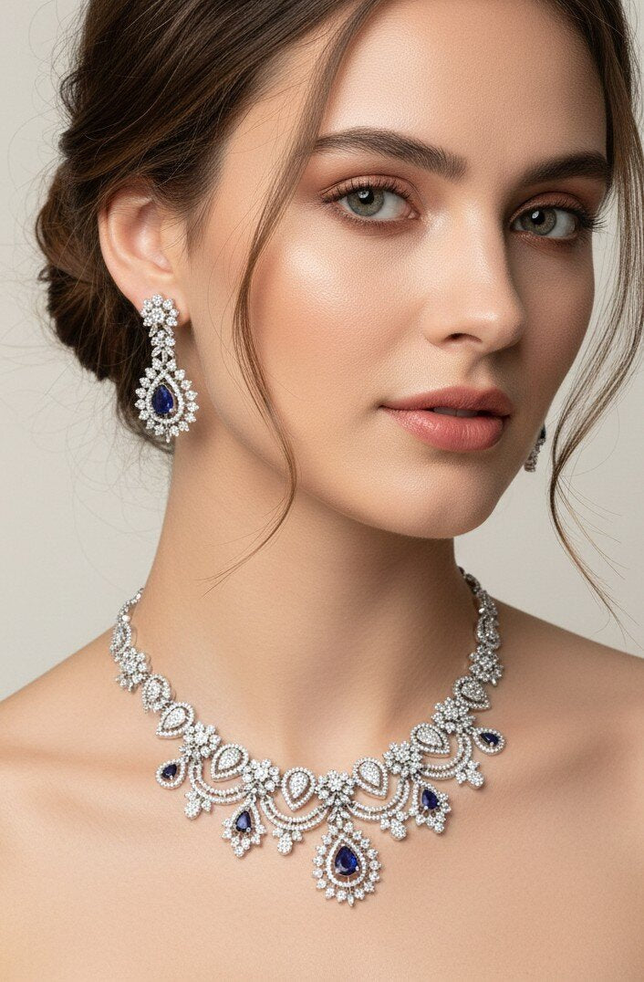Blue Sapphire &amp; Diamond Pendant Necklace Set
