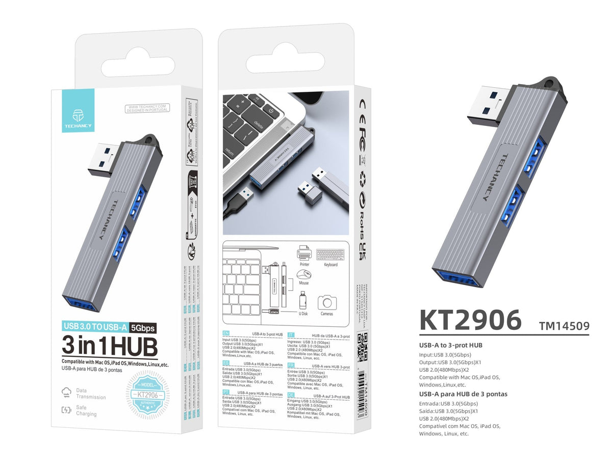 Techancy Hub 3 em 1 USB-A para USB 3.0 KT2906 , compatível com Mac