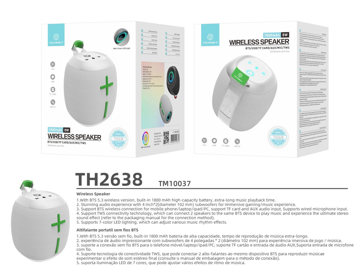 Techancy Altifalante Sem Fios Bluetooth Versão 5.3 TH2638, Suporte