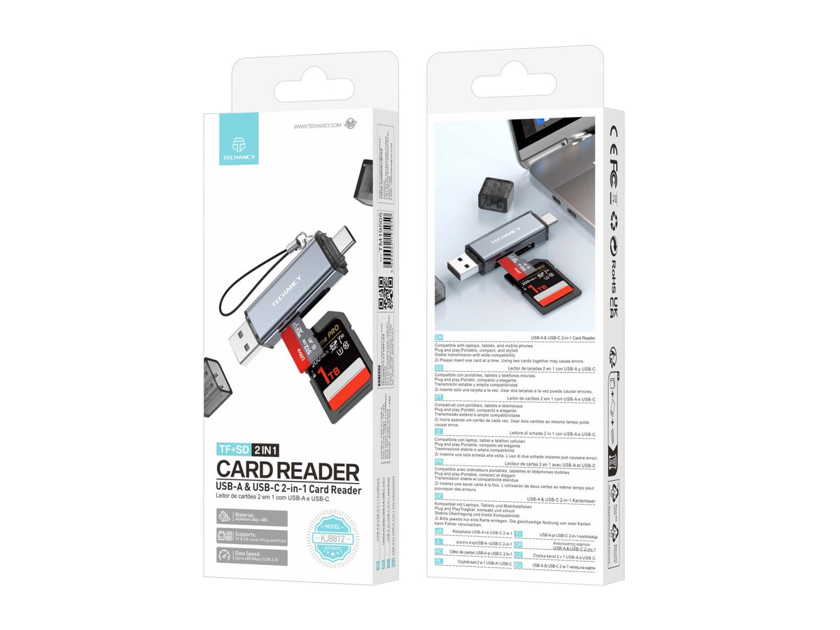 Techancy Leitor de Cartoes KJ8812 USB-A + USB-C 2 em 1 para Cartoes TF