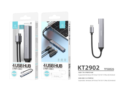 Techancy USB-C 3.0 HUB, 4 em 1 USB, KT2902, Extensor de Hub USB, Cinza
