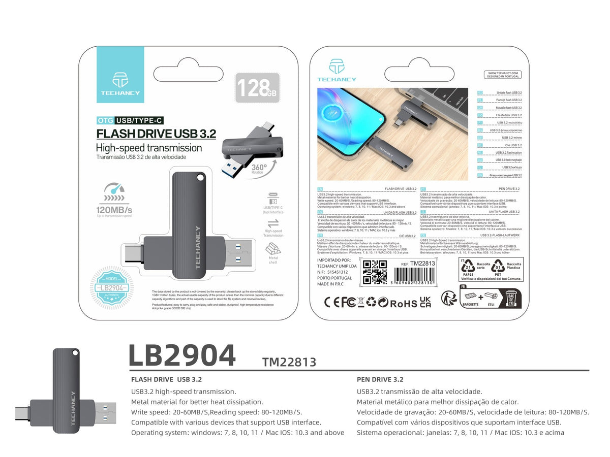 Techancy Unidade Flash Usb3.2 De Alta Velocidade LB2904, 128 GB,