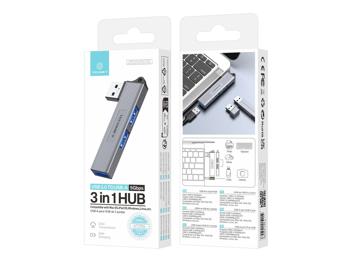 Techancy Hub 3 em 1 USB-A para USB 3.0 KT2906 , compatível com Mac